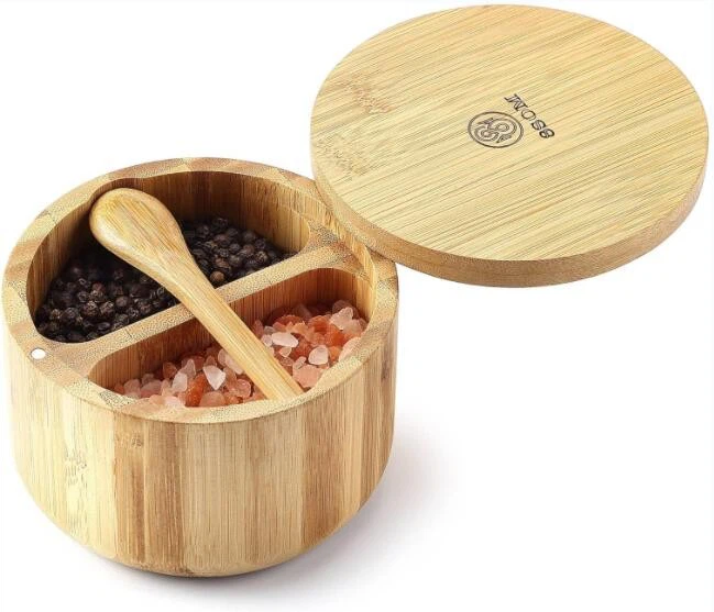 Dwy Adran Pepper Bambŵ Sbeis Halen Jar Storio Gyda Llwy Wedi