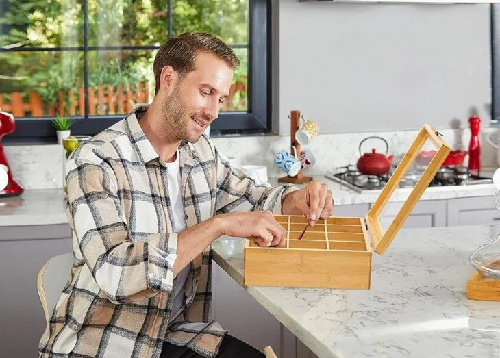 Bamboo 12 Compartments Tea Storage Box With Acrylic Window